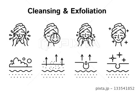 Skin Care Cleansing and Exfoliation Sign Black Thin Line Icon Set. Vector illustration of Skincare Icons 133541852