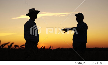 Sunset teamwork handshake wheat field agriculture farm, Farmers finalizing deal dusk, wheat Business agreement amid golden crops, Collaboration agriculture under evening sky, Successful harvest Sunset teamwork handshake wheat field agriculture farm, Farmers finalizing deal dusk, wheat Business agreement amid golden crops, Collaboration agriculture under evening sky, Successful harvest 133541862