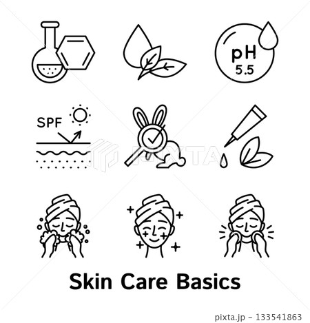 Skin Care Basic Sign Black Thin Line Icon Set Include of Washing Face, Spf and Neutral Ph.. Vector illustration of Icons 133541863