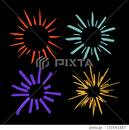 Round Marker Sunburst Different Types Color Doodle Line Set on a Black. Vector illustration of Grunge Stroke Sunbursts 133541887