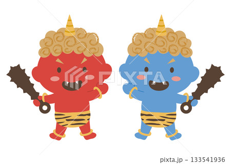 子ども向けの赤鬼と青鬼のかわいいイラストセット 子ども向けの赤鬼と青鬼のかわいいイラストセット 133541936