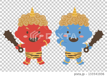 子ども向けの赤鬼と青鬼のかわいいイラストセット 子ども向けの赤鬼と青鬼のかわいいイラストセット 133541936