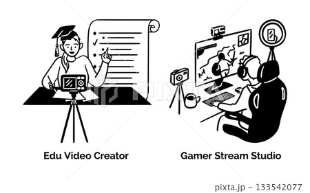 Cartoon Education Video and Gamer Stream Studio Creation Scenes Concept Set Flat Design Style with Elements Thin Line. Vector illustration 133542077