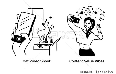 Cartoon Cat Video Shoot and Selfie Vibes Content Creation Scenes Concept Set Flat Design Style with Elements Thin Line. Vector illustration 133542109