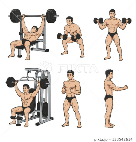 マッチョな男性の筋トレセット　ベンチプレスとマシン 133542614