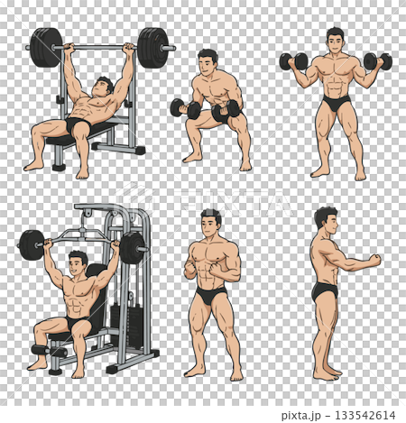 マッチョな男性の筋トレセット　ベンチプレスとマシン 133542614
