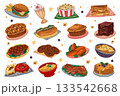 Set of American food. Vector isolated meal or nutrient, cooking dish or nutrition. Cuisine for cafe menu. Culinary for breakfast or lunch, dinner or brunch. Fast and street nutrient. Hotdog and burger 133542668