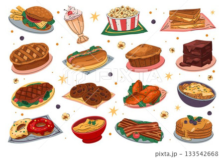 Set of American food. Vector isolated meal or nutrient, cooking dish or nutrition. Cuisine for cafe menu. Culinary for breakfast or lunch, dinner or brunch. Fast and street nutrient. Hotdog and burger Set of American food. Vector isolated meal or nutrient, cooking dish or nutrition. Cuisine for cafe menu. Culinary for breakfast or lunch, dinner or brunch. Fast and street nutrient. Hotdog and burger 133542668