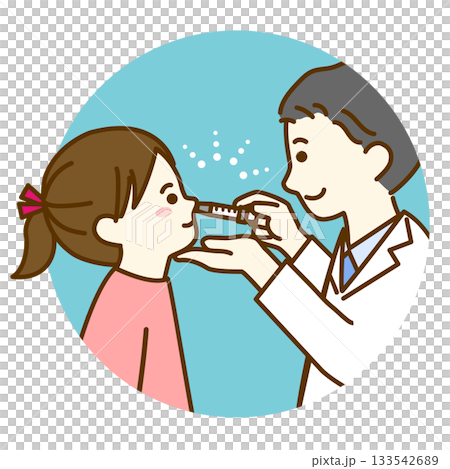 点鼻ワクチンを接種する子供と男性医師　丸背景 133542689