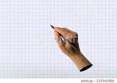 Human hands in dotted pop art style holding pencil. 133542809