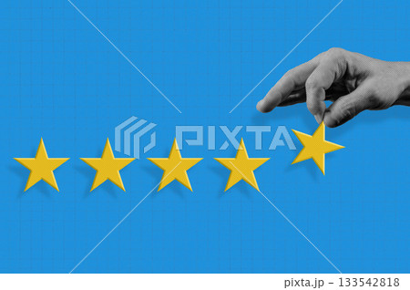 Hand holds gold five star rating. Halftone collage Five star for quality customer rating. Hand holds gold five star rating. Halftone collage Five star for quality customer rating. 133542818