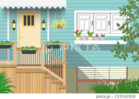 entrance to the blue wooden house 133542830