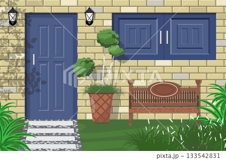 wooden bench on brick house with window 133542831