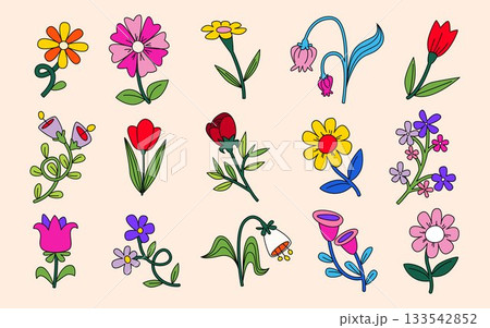 Groovy flower vector set with cute daisy patterns 133542852