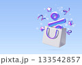 3d Shopping bag with percentage sign and holiday confetti on blue background 133542857