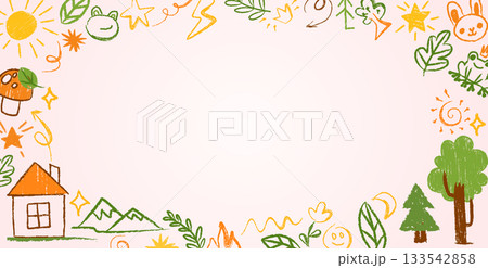 Colorful kindergarten border with crayon doodles 133542858