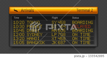 Airport board with flight arrival schedule 133542895