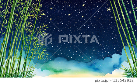 水彩で描かれた青々とした竹林が囲む七夕の夜の幻想的な星空 水彩で描かれた青々とした竹林が囲む七夕の夜の幻想的な星空 133542918