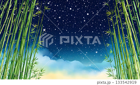 水彩タッチで描かれた青竹の竹林と満天の星空の幻想的な夏の夜 133542919