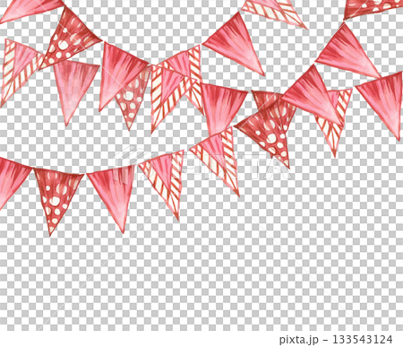 A frame of flags and garlands, all objects are hand-painted in watercolor. The illustration is perfect for postcards, invitations, printing on paper and fabric. 133543124
