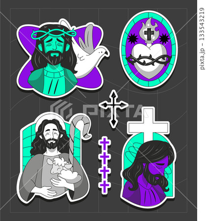 Stylized Jesus holding a lamb with radiant aura and modern colors 133543219