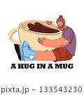 Barista hugging coffee cup. Vector coffeeshop poster with slogan. Branding and marketing sign for cafe or bistro, store takeaway. Caffeine energy drink advertising, lettering phrase. Beverage, drink. 133543230