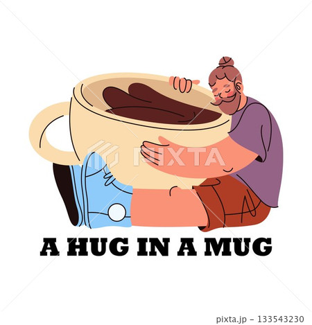 Barista hugging coffee cup. Vector coffeeshop poster with slogan. Branding and marketing sign for cafe or bistro, store takeaway. Caffeine energy drink advertising, lettering phrase. Beverage, drink. 133543230