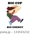 Vector poster with coffee lover phrase. Beverage slogan for cup of energy. Man holding morning cappuccino or latte drink. Barista bringing espresso. Branding and marketing for cafe takeaway. 133543232