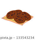 Chocolate cookie or vector sweet baked biscuit snack. Cocoa chips or crispy homemade dessert. Bakery confection or crunchy round pastry. Nutrition and snack, dish portion, oven treat. Culinary recipe. 133543234