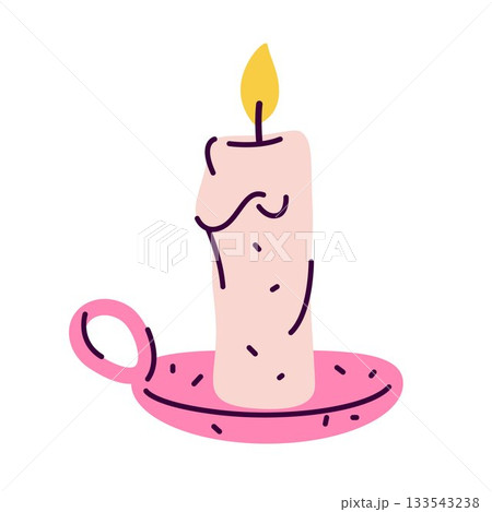 Glowing candle or vector classic wick with flame. Flat cartoon decorative interior light or traditional evening candlelight. Illumination for spiritual ceremony. Wax decor with fire. night home fire. Glowing candle or vector classic wick with flame. Flat cartoon decorative interior light or traditional evening candlelight. Illumination for spiritual ceremony. Wax decor with fire. night home fire. 133543238