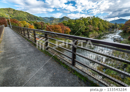 長瀞の荒川と金石水管橋、秋の紅葉と渓谷の清流風景 133543284