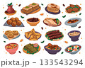 Set of Arabian food or Arabic meal. Vector middle east dish or Asian nutrient. Snack and appetizer, drink. Shawarma and shakshuka, falafel and hummus, goat curry, couscous, baklava, dolma, tea, kebab. 133543294