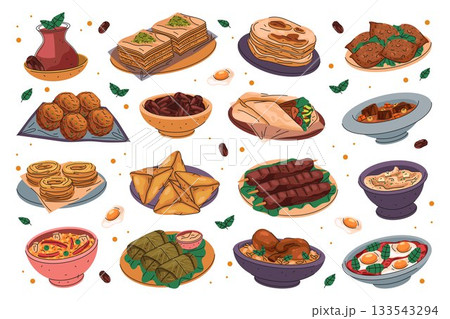 Set of Arabian food or Arabic meal. Vector middle east dish or Asian nutrient. Snack and appetizer, drink. Shawarma and shakshuka, falafel and hummus, goat curry, couscous, baklava, dolma, tea, kebab. 133543294