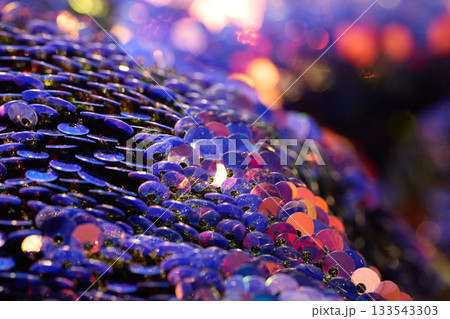 Shiny sequins reflect bright colors on fabric. 133543303