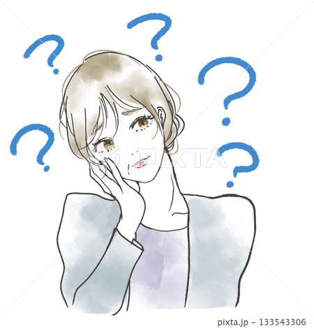 物忘れが酷く疑問符を浮かべている中高年女性のイラスト 133543306