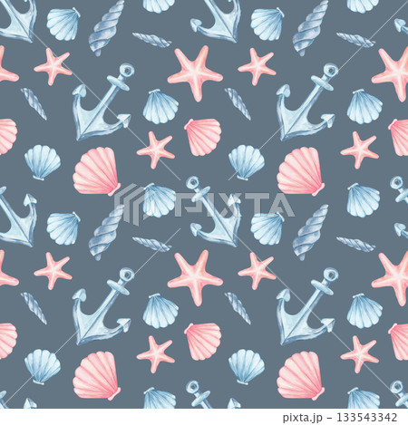 Grey background with blue anchors, coral starfish and pastel shells arranged in a watercolor hand drawn seamless pattern. Suitable for apparel prints, beach bags, scrapbooking and coastal decor items Grey background with blue anchors, coral starfish and pastel shells arranged in a watercolor hand drawn seamless pattern. Suitable for apparel prints, beach bags, scrapbooking and coastal decor items 133543342