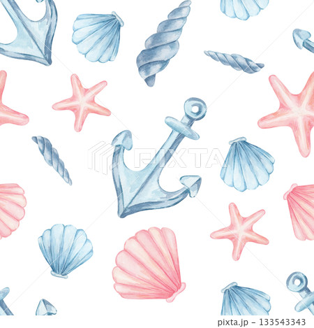 Pink shells, blue anchors and pastel starfish form this watercolor illustration hand drawn seamless pattern. Ideal for summer textiles, wrapping paper, kids products, coastal stationery Pink shells, blue anchors and pastel starfish form this watercolor illustration hand drawn seamless pattern. Ideal for summer textiles, wrapping paper, kids products, coastal stationery 133543343