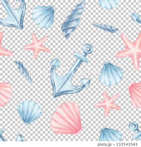Pink shells, blue anchors and pastel starfish form this watercolor illustration hand drawn seamless pattern. Ideal for summer textiles, wrapping paper, kids products, coastal stationery Pink shells, blue anchors and pastel starfish form this watercolor illustration hand drawn seamless pattern. Ideal for summer textiles, wrapping paper, kids products, coastal stationery 133543343