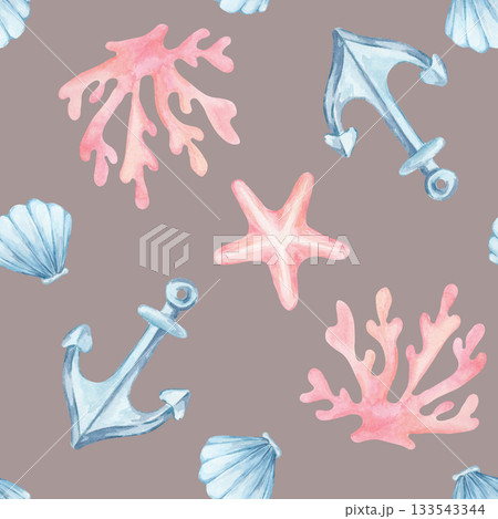 Pink coral, blue anchors, and shells arranged on taupe form this watercolor illustration and hand drawn seamless pattern perfect for home decor textiles, stationery, product wrap Pink coral, blue anchors, and shells arranged on taupe form this watercolor illustration and hand drawn seamless pattern perfect for home decor textiles, stationery, product wrap 133543344