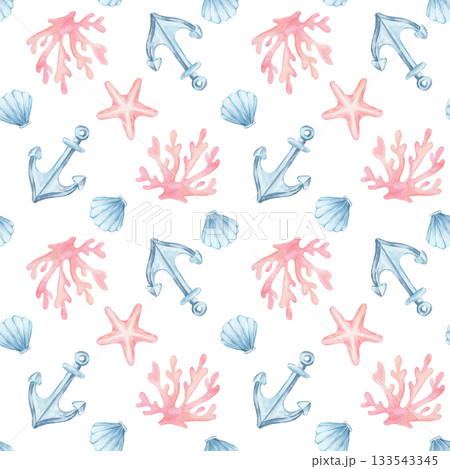 Blue anchors, pink corals, and small starfish repeat in this watercolor illustration and hand drawn seamless pattern designed for textile surfaces, planner stickers, and ocean-inspired accessories Blue anchors, pink corals, and small starfish repeat in this watercolor illustration and hand drawn seamless pattern designed for textile surfaces, planner stickers, and ocean-inspired accessories 133543345