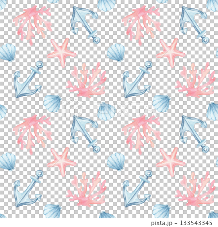 Blue anchors, pink corals, and small starfish repeat in this watercolor illustration and hand drawn seamless pattern designed for textile surfaces, planner stickers, and ocean-inspired accessories Blue anchors, pink corals, and small starfish repeat in this watercolor illustration and hand drawn seamless pattern designed for textile surfaces, planner stickers, and ocean-inspired accessories 133543345