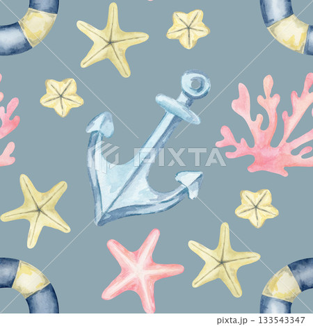 Oversized anchors, beige starfish, and pink corals fill this blue watercolor illustration and hand drawn seamless pattern ideal for fabric repeats, product labels, swimwear, and coastal accessories Oversized anchors, beige starfish, and pink corals fill this blue watercolor illustration and hand drawn seamless pattern ideal for fabric repeats, product labels, swimwear, and coastal accessories 133543347