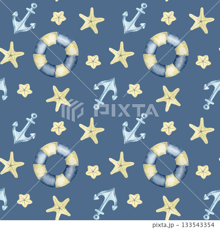 Lifebuoys, anchors, and starfish in soft tones fill this navy watercolor illustration and hand drawn seamless pattern perfect for swimwear, textile, cruise branding, and coastal-style merchandise 133543354