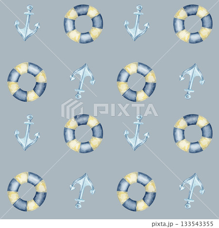 Gray background with lifebuoys, blue anchors, and beige starfish creates this watercolor illustration and hand drawn seamless pattern for apparel, stationery, packaging, and nautical surface design 133543355
