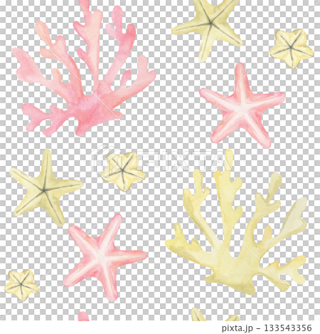 Large pink and yellow corals with soft starfish create this watercolor illustration and hand drawn seamless pattern ideal for coastal textiles, kids room decor, product packaging Large pink and yellow corals with soft starfish create this watercolor illustration and hand drawn seamless pattern ideal for coastal textiles, kids room decor, product packaging 133543356