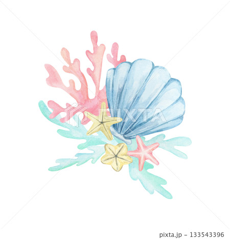 Blue shell, pink coral, teal seaweed and yellow starfish hand drawn watercolor clipart perfect for nautical stationery, beach wedding decor, summer branding, stickers and coastal product design Blue shell, pink coral, teal seaweed and yellow starfish hand drawn watercolor clipart perfect for nautical stationery, beach wedding decor, summer branding, stickers and coastal product design 133543396