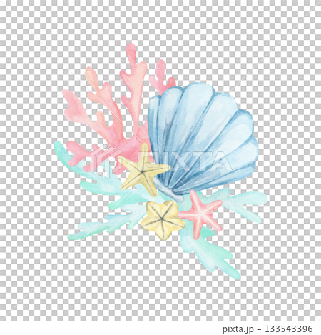 Blue shell, pink coral, teal seaweed and yellow starfish hand drawn watercolor clipart perfect for nautical stationery, beach wedding decor, summer branding, stickers and coastal product design Blue shell, pink coral, teal seaweed and yellow starfish hand drawn watercolor clipart perfect for nautical stationery, beach wedding decor, summer branding, stickers and coastal product design 133543396