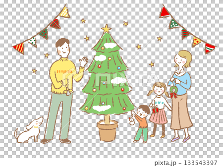 Illustration of a family of four decorating a Christmas tree 133543397