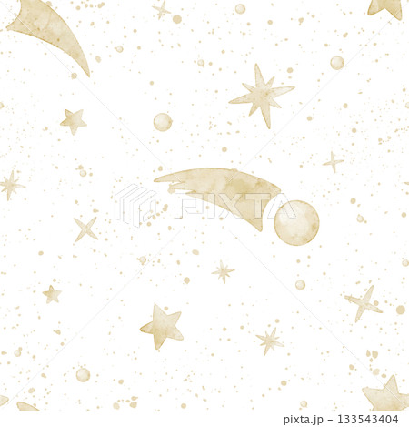 Seamless star watercolor pattern with comets and pastel splashes on sky background. Illustration of childish backdrop for bed linen or textile. Soft celestial design for nursery wallpaper. Seamless star watercolor pattern with comets and pastel splashes on sky background. Illustration of childish backdrop for bed linen or textile. Soft celestial design for nursery wallpaper. 133543404