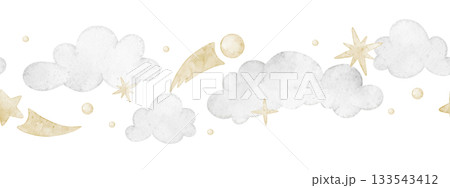 Cloud watercolor border with stars, comets and soft pastel sky elements. Illustration of seamless pattern for nursery designs or baby shower greeting cards and childish invitations. Frame for kids. 133543412